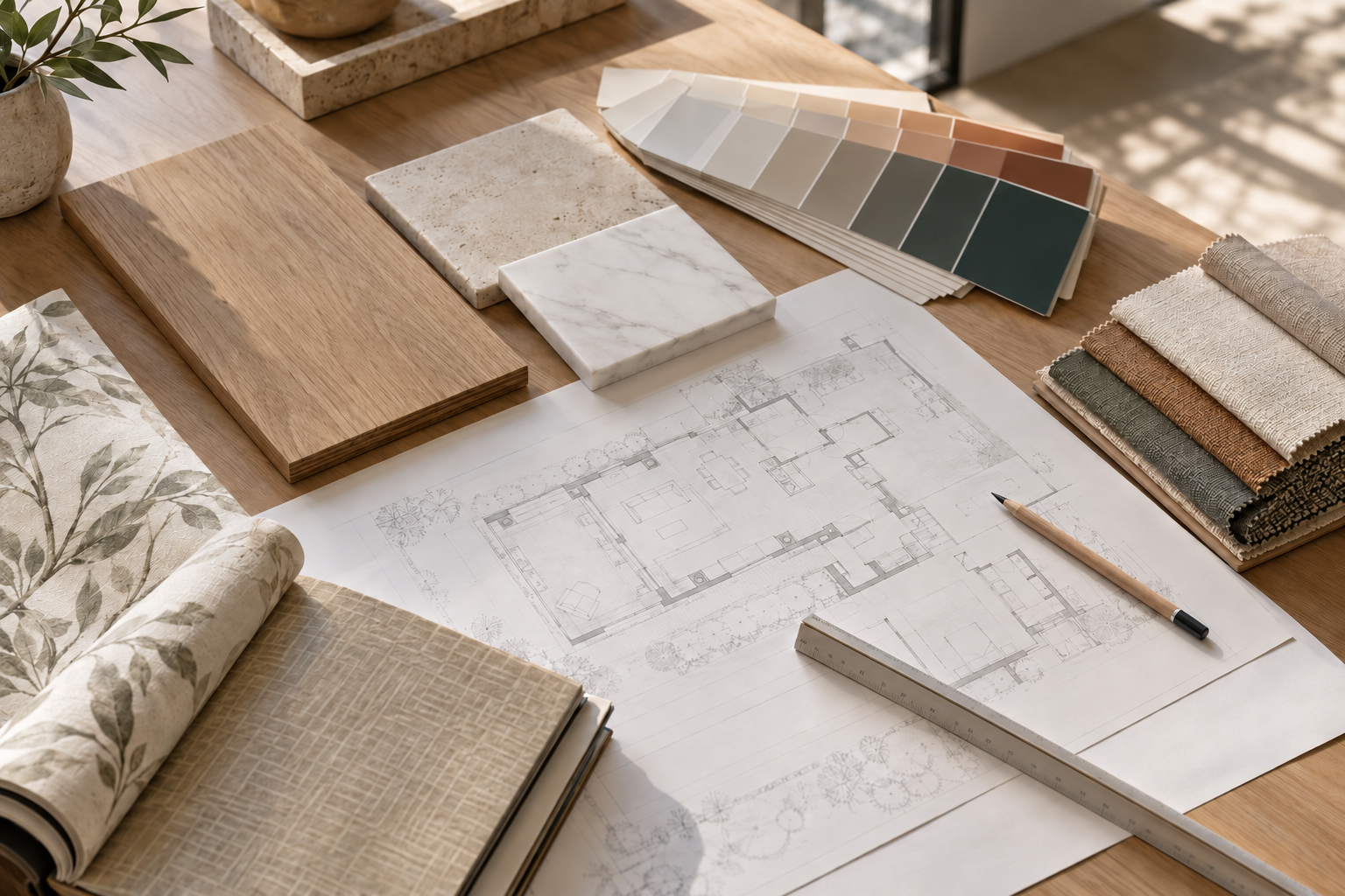 Composizione di disegni architettonici, campioni di materiali, colori, tessuti e carte da parati su un tavolo di lavoro